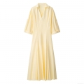 Women's Casual V-Neck Lapel Collar Maxi Dress Elegant 100% Polyester A-Line Short Sleeve Long Dress For Summer Office Lady Simple Yellow Gown