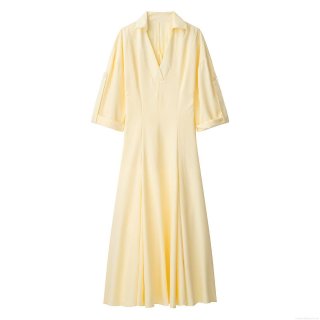 Women's Casual V-Neck Lapel Collar Maxi Dress Elegant 100% Polyester A-Line Short Sleeve Long Dress For Summer Office Lady Simple Yellow Gown