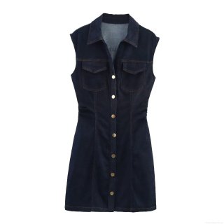 Women Fashion Sleeveless Denim Mini Dress Lapel Button Down Contrast Stitching A-Line Jean Dress For Daily Casual Office Commuting