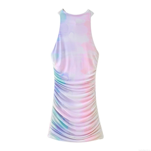 Women's Sexy Halter Neck Tie Dye Bodycon Mini Dress Ruched Mesh Polyester Spandex Slim Fit Sleeveless Backless Summer Party Clubwear Gradient Print Sundress