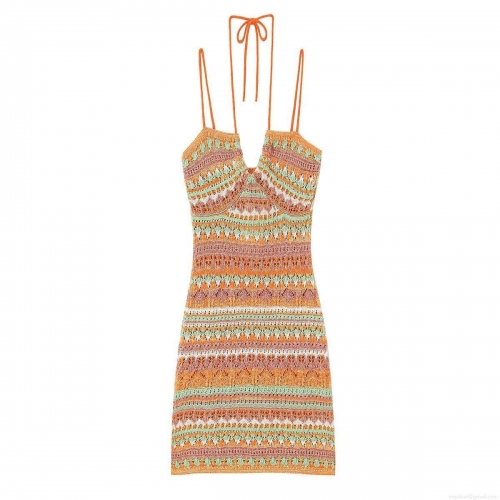 Sexy Knitted Mini Dress Bohemian Crochet Polyester Backless V-Neck Halter Strappy Bodycon Multi-Color Striped Summer Beach Vacation Dress For Women