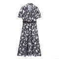 Women Elegant Floral Print Poplin Maxi Dress With Belt Shirt Collar Short Sleeve A-Line Commuting Summer Fashion Dress