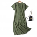 Women Summer V Neck Short Sleeve Maxi Dress Cotton Linen Blend High Waist A-Line Side Zipper Casual Solid Color Army Green Long Dress