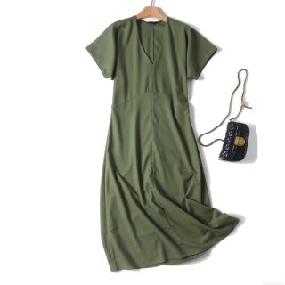 Women Summer V Neck Short Sleeve Maxi Dress Cotton Linen Blend High Waist A-Line Side Zipper Casual Solid Color Army Green Long Dress