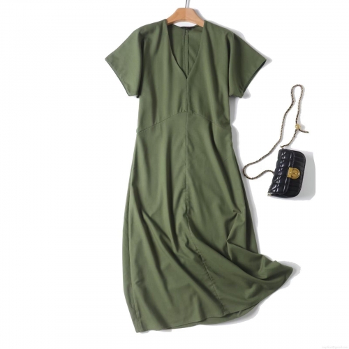 Women Summer V Neck Short Sleeve Maxi Dress Cotton Linen Blend High Waist A-Line Side Zipper Casual Solid Color Army Green Long Dress