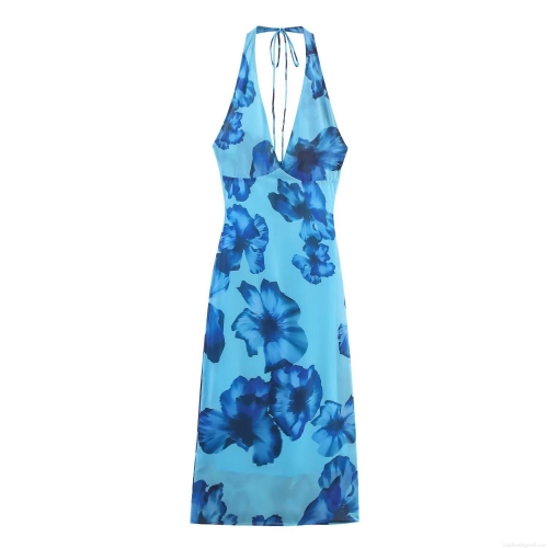 Women Sexy Halter Neck Floral Print Maxi Dress Sleeveless Backless Chiffon Polyester Slim Fit Long Sundress For Summer Vacation Beach Party