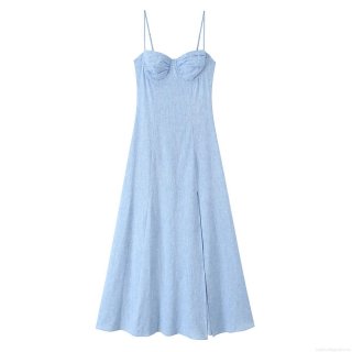 Women Sky Blue Camisole Dress Sexy Ruched Heart Neckline High Split Long Dress Elegant Slim Fit Sleeveless Summer Midi Dress For Party Vacation