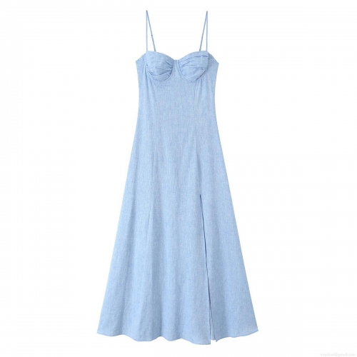 Women Sky Blue Camisole Dress Sexy Ruched Heart Neckline High Split Long Dress Elegant Slim Fit Sleeveless Summer Midi Dress For Party Vacation