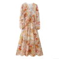 Elegant Women's Floral Print Midi Dress Chiffon Polyester With Lace Trim V-Neck Long Sleeve Resort Vacation Party Slim Fit A-Line For Women