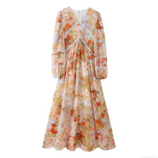 Elegant Women's Floral Print Midi Dress Chiffon Polyester With Lace Trim V-Neck Long Sleeve Resort Vacation Party Slim Fit A-Line For Women