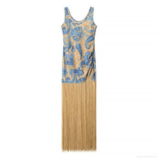 Women Sleeveless Paisley Print Maxi Dress With Gold Fringe Tassel Sexy High Waist Bodycon Vacation Party Summer Dress