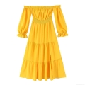 Women's Sexy Off-Shoulder Long Sleeve Tiered Midi Dress Elegant Yellow Smocked Waist Stitched Plain Polyester Dress For Summer Party Date