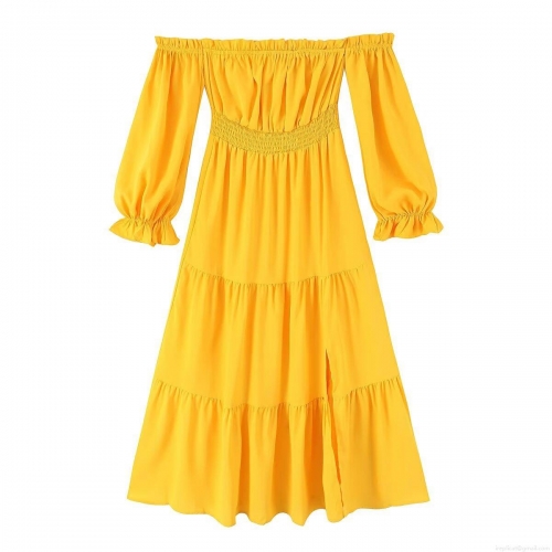 Women's Sexy Off-Shoulder Long Sleeve Tiered Midi Dress Elegant Yellow Smocked Waist Stitched Plain Polyester Dress For Summer Party Date