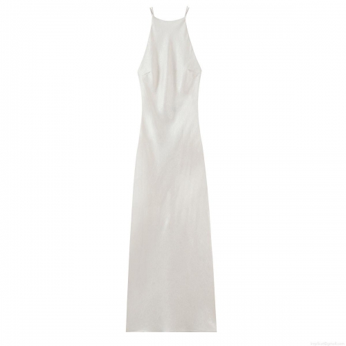 Women's Sexy Backless Halter Midi Dress Elegant Polyester Spandex Satin High Waist Sleeveless Evening Dress For Party Wedding Date Night Champagne White