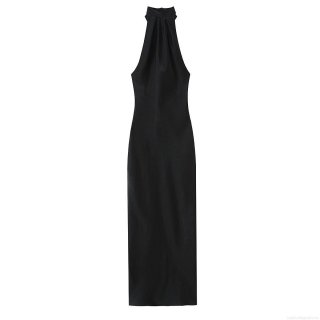 Women Sexy Halter Backless Satin Maxi Dress Elegant Solid Black Bow Tie Evening Party Formal A-Line Sleeveless Dress For Women Summer