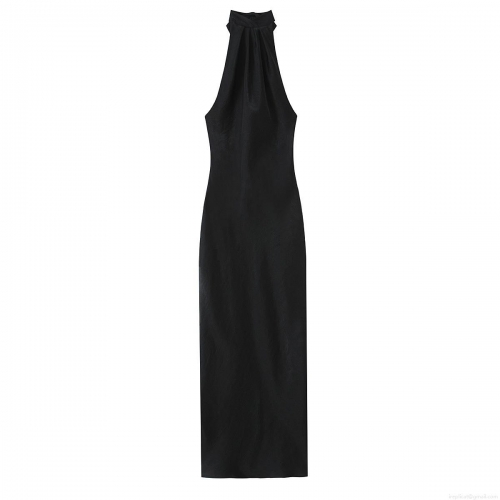 Women Sexy Halter Backless Satin Maxi Dress Elegant Solid Black Bow Tie Evening Party Formal A-Line Sleeveless Dress For Women Summer