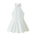Summer Women's Halter Neck Backless Mini Dress Solid White Satin Polyester Spandex Sexy A-Line Party Dress With Bow Back Elegant Sleeveless Short Dress For Women
