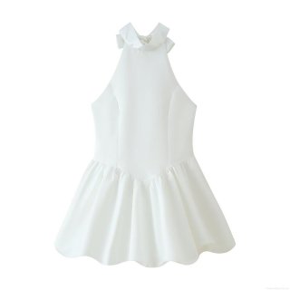 Summer Women's Halter Neck Backless Mini Dress Solid White Satin Polyester Spandex Sexy A-Line Party Dress With Bow Back Elegant Sleeveless Short Dress For Women