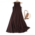 Women's Summer Sleeveless Maxi Dress Elegant Linen Blend Round Neck A-Line Solid Color Long Dress For Casual Daily Vacation Coffee Brown