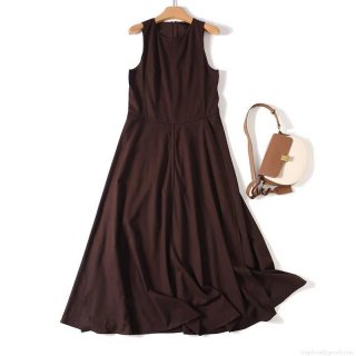Women's Summer Sleeveless Maxi Dress Elegant Linen Blend Round Neck A-Line Solid Color Long Dress For Casual Daily Vacation Coffee Brown