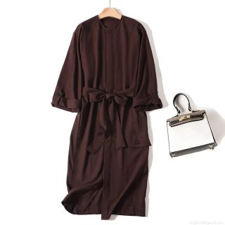 Women's Fashion Linen Blend Midi Shirt Dress Casual Long Sleeve V-Neck Belted A-Line Dress With Pockets Solid Coffee Summer Autumn Office Lady One-Piece