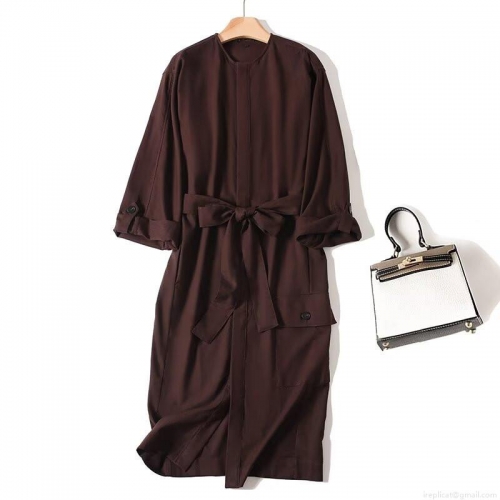 Women's Fashion Linen Blend Midi Shirt Dress Casual Long Sleeve V-Neck Belted A-Line Dress With Pockets Solid Coffee Summer Autumn Office Lady One-Piece
