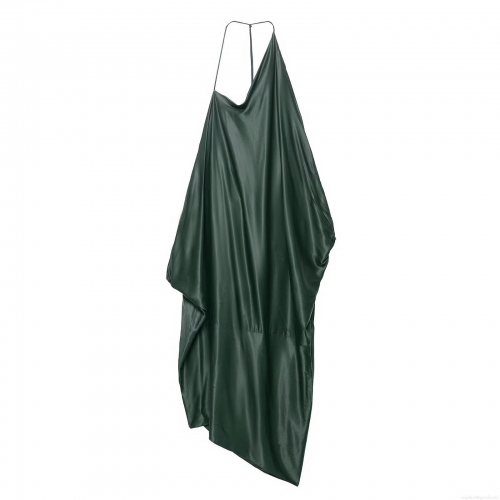 Women's Sexy Dark Green Satin Maxi Dress Asymmetric Spaghetti Strap Slip Dress Elegant Sleeveless Backless Evening Party Vacation Long Dress