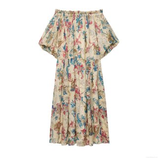 Women's Off-Shoulder Floral Print Midi Dress Ramie Polyester Blend Puff Sleeve A-Line Bohemian Resort Style Summer Dress for Vacation