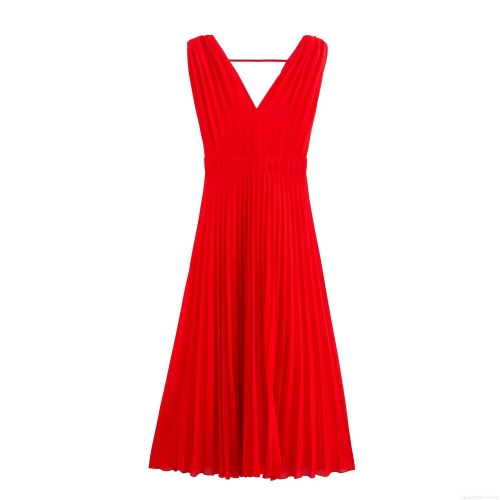 Women's Sexy V Neck Sleeveless Backless Pleated Midi Dress Summer Casual Chiffon Polyester A-Line Solid Color Red Dress For Dating Party