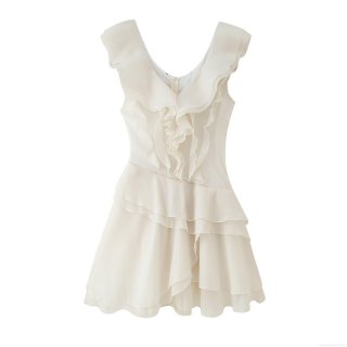 Women Sexy White V Neck Ruffle Mini Dress Chiffon Sleeveless Irregular Hem Cake Dress For Party Evening Summer Slim Fit Solid Color Short Dress