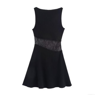 Women's Sexy Lace Patchwork Sleeveless Mini Dress Summer Chic Black High Waist A-Line Ribbed Knit Short Dress for Party Night Out