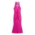 Women Sexy Halter Ruched Rose Red Satin Maxi Dress Backless Mermaid Evening Party Bodycon Dress With Bow Tie Summer Sleeveless Solid Color Elegant Club Outfit
