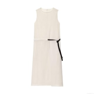 Women's Sleeveless Midi Dress With Belt Minimalist Round Neck High Waist Cotton Blend A-Line Dress For Summer Casual Office Lady Cream White