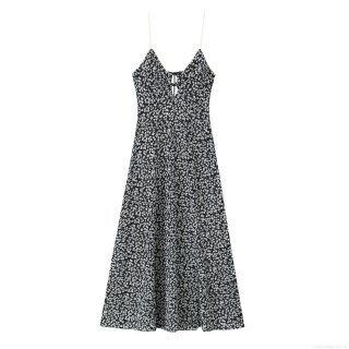 Women's Sexy Floral Print Spaghetti Strap Midi Dress Summer Polyester Spandex V Neck Hollow Out Tie Front A-Line Sundress For Vacation Party