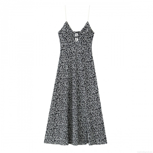 Women's Sexy Floral Print Spaghetti Strap Midi Dress Summer Polyester Spandex V Neck Hollow Out Tie Front A-Line Sundress For Vacation Party