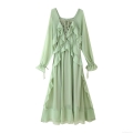 Women's Elegant Mint Green Chiffon Maxi Dress V Neck Tiered Ruffle Long Sleeve Tie Waist A-Line Pullover Long Dress For Party Dating Ladies Casual Fashion