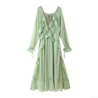 Women's Elegant Mint Green Chiffon Maxi Dress V Neck Tiered Ruffle Long Sleeve Tie Waist A-Line Pullover Long Dress For Party Dating Ladies Casual Fashion