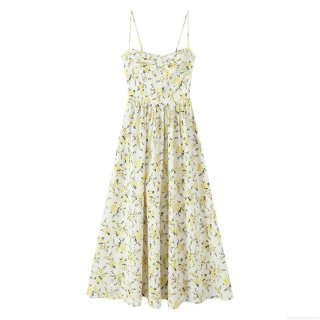 Summer Floral Cami Dress Polyester Spandex High Waist A-Line Midi Dress With Back Bow Sexy Vacation Sundress For Women