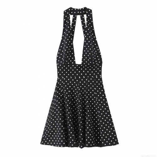 Women's Sexy Polka Dot Halter Neck Mini Dress Backless A-Line V-Neck Sleeveless Summer Party Vacation Dress Polyester Spandex