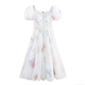 Women Square Neck Puff Sleeve Floral Midi Dress 100% Polyester A-Line Sweet Fresh Summer Vacation Party Dress For Women