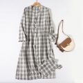 Women's Summer Plaid Long Sleeve Shirt Dress V-Neck Loose Cotton Blend Seersucker Maxi Dress Casual Elegant Grey White Check Gown For Women