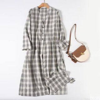Women's Summer Plaid Long Sleeve Shirt Dress V-Neck Loose Cotton Blend Seersucker Maxi Dress Casual Elegant Grey White Check Gown For Women