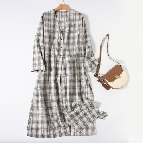 Women's Summer Plaid Long Sleeve Shirt Dress V-Neck Loose Cotton Blend Seersucker Maxi Dress Casual Elegant Grey White Check Gown For Women