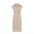 Women's Elegant Polo Collar Sleeveless Knit Midi Dress Slim Fit Bodycon Summer Oatmeal Khaki Solid Color Dress With Gold Buttons Chic Casual Office Lady Knit Polyester Spandex Long Dress