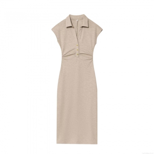 Women's Elegant Polo Collar Sleeveless Knit Midi Dress Slim Fit Bodycon Summer Oatmeal Khaki Solid Color Dress With Gold Buttons Chic Casual Office Lady Knit Polyester Spandex Long Dress