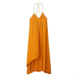 Women's Summer Elegant Satin Texture Chain Strap Midi Dress Asymmetric Hem Flower Buckle Pleated Orange Solid Color Party Dress