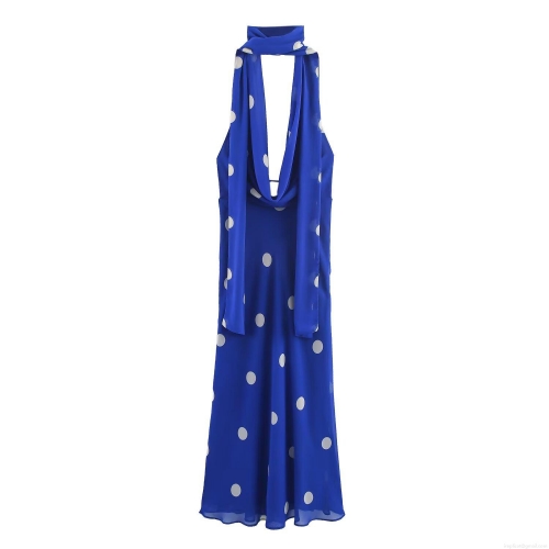 Sleeveless Halter Backless Midi Dress Chiffon Polka Dot Printed A-Line Summer Sexy Sun Dress For Women Party Vacation Date Wear