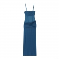 Sexy Navy Blue Mesh Splicing Ruched Cami Midi Dress Women Sleeveless Bodycon Spaghetti Strap Evening Party Socialite Club Dress