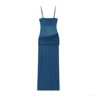 Sexy Navy Blue Mesh Splicing Ruched Cami Midi Dress Women Sleeveless Bodycon Spaghetti Strap Evening Party Socialite Club Dress