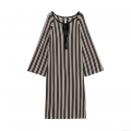 Women's Casual Striped Knit Midi Dress V-Neck Tie Front Long Sleeve Polyester Linen Blend Loose Striped Dress For Summer Daily Wear